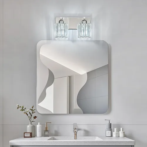 Miniatura 7 de Lámpara de tocador moderna de 2 luces de níquel cepillado, lámpara de tocador de cristal, luz de pared de baño, accesorios de iluminación de baño