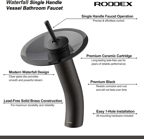 Miniatura 3 de Grifo de Baño de Cascada de Vidrio con Mango Único de Latón Macizo para Lavabo Lavatorio Vessel Sink Vanity, Alto, Negro