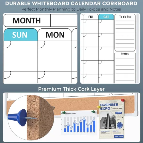 Miniatura 4 de MaxGear - Pizarra blanca mensual para pared, 24 x 18 pulgadas, pizarra de corcho de borrado en seco Double-Sided, Built-In Cork Bulletin Board