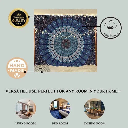 Miniatura 4 de Tapiz hippie indio bohemio psicodélico dorado azul pavo real mandala colgante en la pared (negro blanco, Queen (84 x 90 pulgadas) (84.6 x 90.6 in)