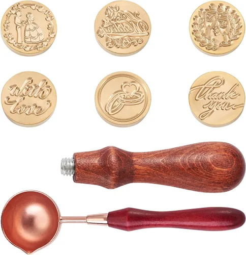 Juego de sellos de cera, 6 piezas con tema de boda, cabeza de sello de cera con mango de madera de haya y varillas de cera de aleación, cuchara de
