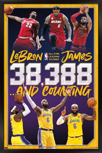 Miniatura 8 de NBA League - Póster de pared de LeBron James All-Time Scoring Leader, 22.4 pulgadas de largo x 14.7 pulgadas de ancho, versión enmarcada plateada