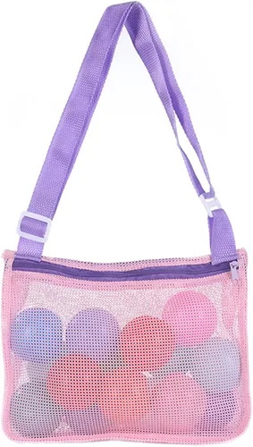 Miniatura 2 de UTTPLL Bolsa de playa de malla colorida ajustable para niños, bolsa de red de secado rápido para conchas marinas que recolecta arena juguete Rosa
