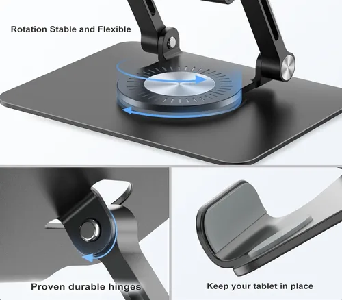 Miniatura 7 de Orlian Soporte para tablet con base giratoria de 360°, soporte ajustable de aluminio para tableta de doble varilla para escritorio, compatible
