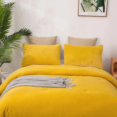 Miniatura 3 de Wellboo Juegos de Edredones de Terciopelo Amarillo Mostaza Tamaño King Sólido Esponjoso Ropa de Cama de Cúrcuma Edredones Lisos Amarillo Oscuro