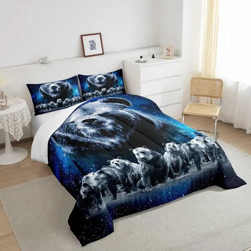 Miniatura 4 de Feelyou Juego de edredón de oso azul, juego de ropa de cama de osos de animales, juego de edredón acolchado con estampado de arboleda de galaxia