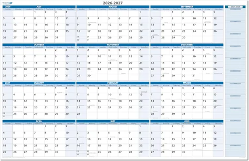 Calendario de pared horizontal fiscal 2026-2027 de alta calidad, borrable en seco, de julio a junio, 24 x 36 pulgadas, marcador y borrador incluidos