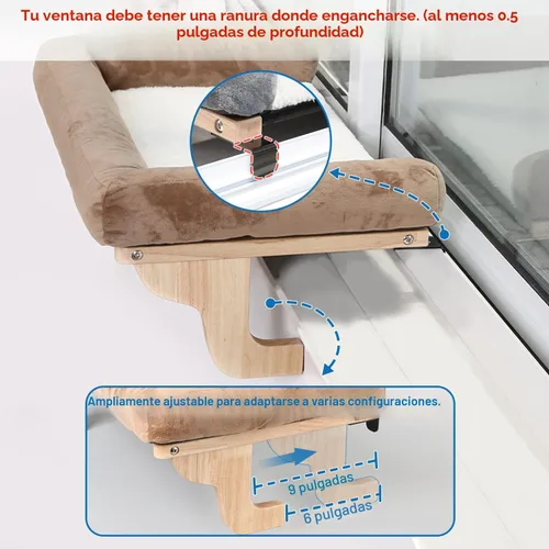 Miniatura 4 de Zakkart Percha para gato para alféizar de ventana con refuerzo, diseño ortopédico de hamaca con madera dura de primera calidad y marco de metal