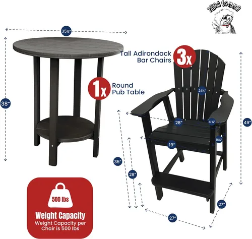Miniatura 5 de Phat Tommy Mesa y sillas altas para exteriores, muebles de polietileno, juego de barras Adirondack para exteriores, juego de patio de altura