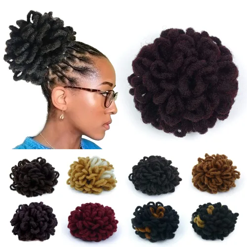Miniatura 18 de Moños de Cola de Caballo con Cordón Negro Marrón Loc para Mujeres Negras Moño Rizado de Pétalo Loc Cola de Caballo de Rastas Trenzas Faux Locs Moño