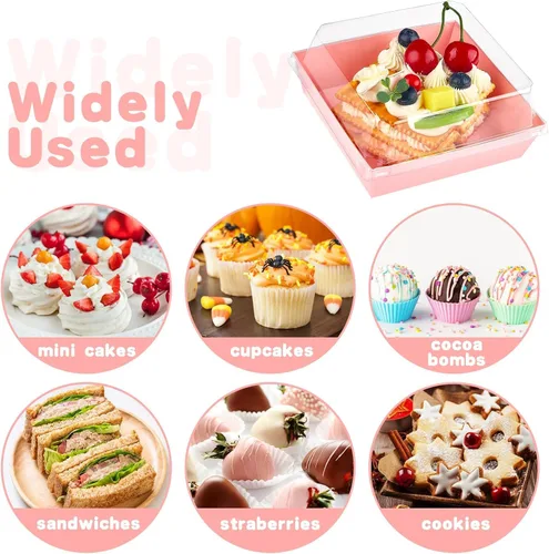 Miniatura 7 de Kucoele Paquete de 50 Cajas Pequeñas de Charcutería con Tapas Transparentes, Cajas de Papel para Postres Para Llevar, Cajas de Panadería, Rosa