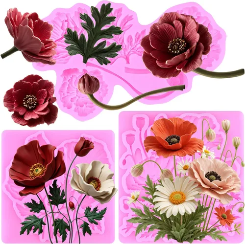 Miniatura 15 de Mujiang Moldes de silicona con diseño de margaritas de rosas, moldes para decoración de tartas, orquídeas y flores, juego de 4