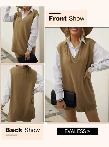 Miniatura 3 de EVLAESS - Chaleco de gran tamaño para mujer, cuello en V, sin mangas, color sólido, suéter suelto