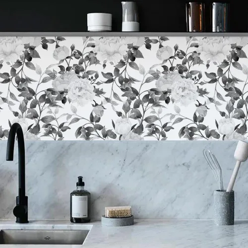 Miniatura 5 de Papel pintado floral de despegar y pegar, papel pintado en blanco y negro autoadhesivo, papel de contacto removible de vinilo con flores