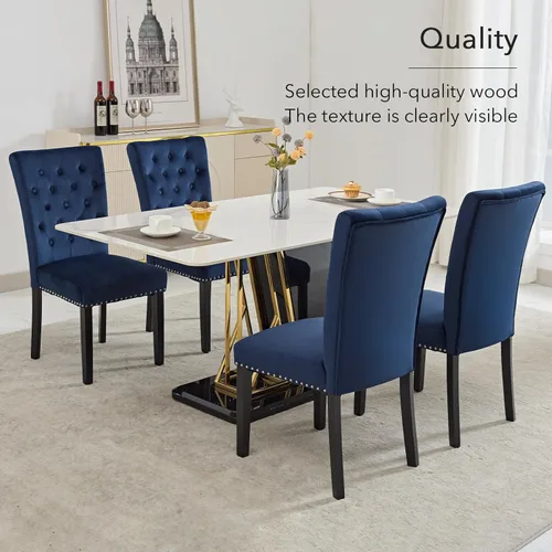 Miniatura 5 de Juego de 4 sillas de comedor de cocina de terciopelo, silla de comedor tapizada Parsons, silla decorativa de madera con ribete clavado, azul