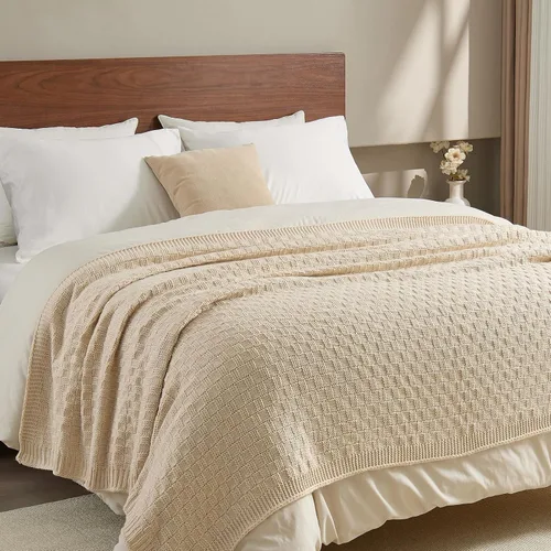 Miniatura 4 de Manta de punto beige para sofá, manta de punto de tablero de ajedrez beige para cama, manta de punto reversible suave y acogedora, 50 x 60 pulgadas