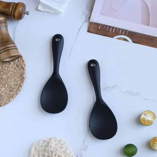 Miniatura 6 de Dioycli Espátula de arroz antiadherente para arroz, cuchara de arroz de silicona resistente al calor, cuchara de arroz negro para cocinar, sopa