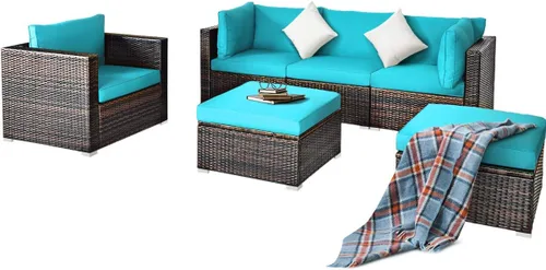 Miniatura 11 de HAPPYGRILL Juego de muebles de mimbre de ratán para exteriores, juego de sofá modular de mimbre con cojines suaves, mesa de café, otomana para patio