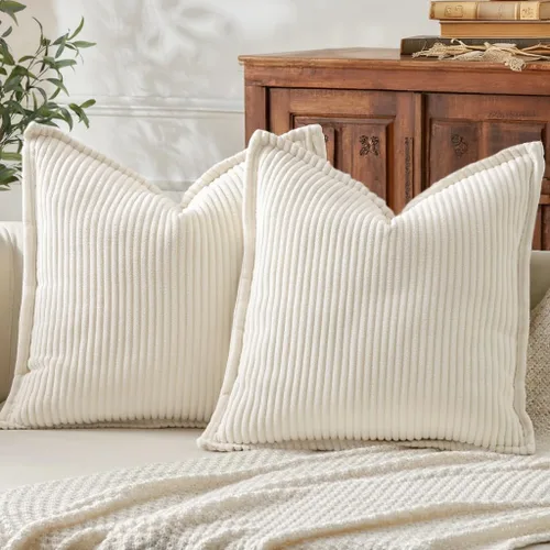 Miniatura 14 de Mecatny Juego de 2 fundas de almohada de pana de 16 x 16 pulgadas, fundas decorativas neutrales suaves de estilo bohemio para sofá y sala de estar