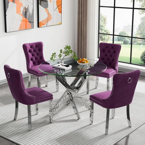 Miniatura 20 de Juego de 4 mesas de comedor redondas de vidrio para 4, juego de mesa de cocina pequeña para 4, mesa redonda de vidrio de 35 pulgadas, juego de 4