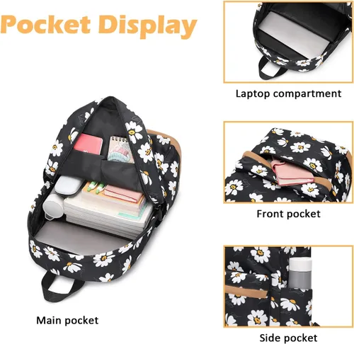 Miniatura 4 de Mochila escolar de 3 juegos, Pequeña margarita negra, Mediana, Mochilas Daypack