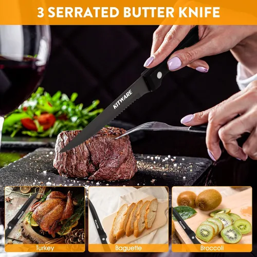 Miniatura 2 de Juego de 6 cuchillos negros para carne, juegos de carne afilados y dentados con caja de regalo, cubertería de mesa de acero inoxidable de 4.5