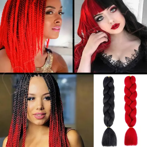 Miniatura 4 de MDRTIRIM Cabello trenzado de color liso, sintético, jumbo, rojo y negro, extensiones preestiradas, fibra resistente a altas temperaturas, pelo