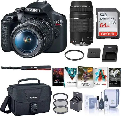 Canon EOS Rebel T7 Cámara DSLR con EF-S 0.709-2.165 in y EF 2.953-11.811 in Paquete de lentes con bolsa, tarjeta SD de 64 GB, paquete de software de