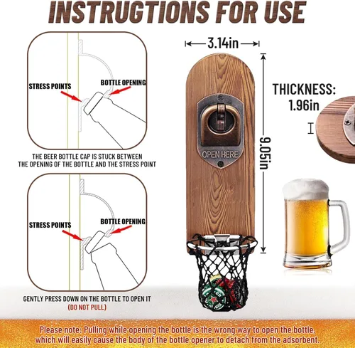 Miniatura 3 de Abrebotellas magnético único con atrapador de red, abridor de botellas de cerveza de madera montado en la pared, sacacorchos sin rastro, accesorios