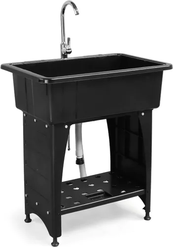 ROVSUN Fregadero utilitario de plástico negro de 20 galones con grifo de agua caliente y fría, capacidad de carga de 150 libras, altura y versión