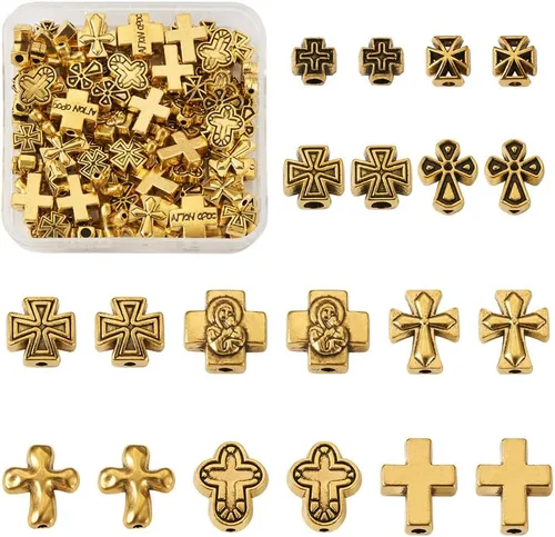 Cheriswelry 100 cuentas de aleación de cruz tibetana, cuentas sagradas de metal antiguo crucifijo dorado antiguo, 10 estilos para collares,