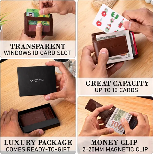 Miniatura 4 de Billetera con clip magnético con bolsa frontal de cuero de hombre, Viosi RFID, Marrón
