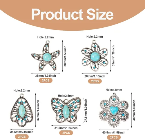 Miniatura 6 de PH PandaHall PandaHall - 10 dijes bohemios de mariposa turquesa en 5 estilos de flores turquesas, dijes de joyería occidental para manualidades