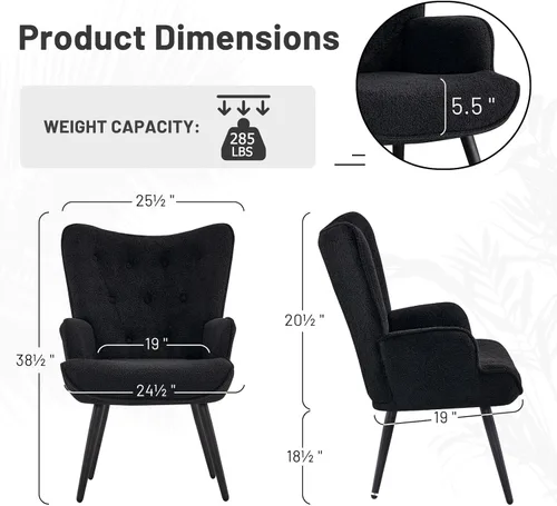 Miniatura 2 de Furniliving Boucle - Silla decorativa para sala de estar, silla de lectura tapizada con respaldo alto, sillón con respaldo alado con botones Negro-2