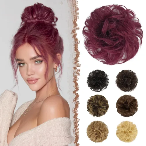 Miniatura 11 de FESHFEN Moños Desordenados Humanos - Moño de Cabello Humano 100% Real Coleteros Scrunchies Piezas de Cabello Extensiones de Cola de Cabello Ondulado