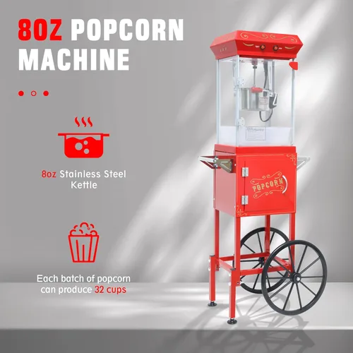 Miniatura 4 de Máquina de palomitas de maíz de 8 onzas con carrito (rojo) - Máquina portátil de palomitas de maíz vintage, control de doble interruptor con 3