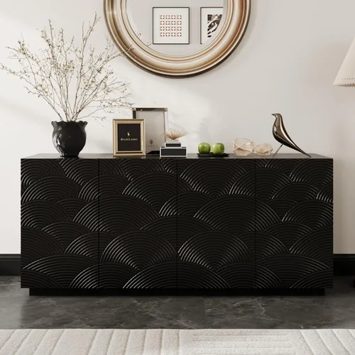 Miniatura 11 de Aparador geométrico contemporáneo de 60 pulgadas con puertas triangulares 3D y base flotante, gabinete de almacenamiento de credenza de nogal claro