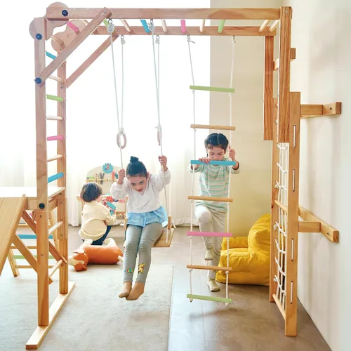 Miniatura 9 de Avenlur Grove 8 en 1 - Gimnasio de la selva interior con anillos de gimnasia, cuerda de escalada, columpio, tobogán, barras de mono, red de pared