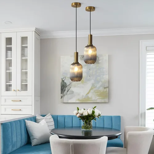 Miniatura 5 de KCO Lighting Lámpara Colgante Mini de Cristal Ahumado, Accesorio de Iluminación de 1 Luz Oro Cepillado, Luces Colgantes para Isla de Cocina