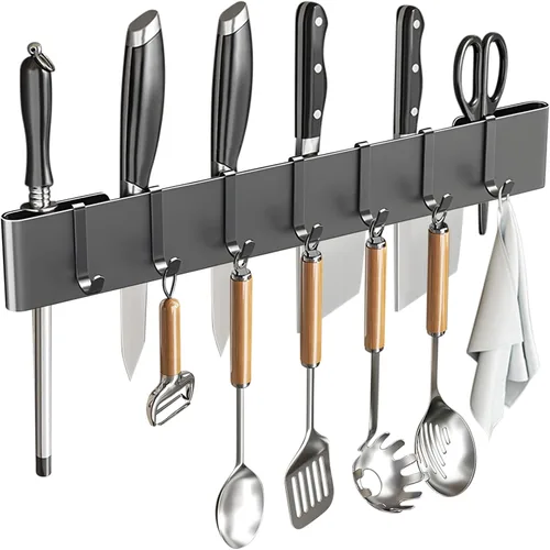 Miniatura 10 de Colgador de utensilios de cocina: soporte para colgar en pared, 7 ganchos, sin taladrar para cocina, despensa, baño, sala de estar de 15.75 pulgadas