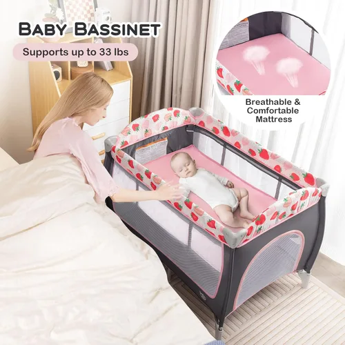 Miniatura 3 de BABY JOY 4 en 1 Pack and Play, corralito portátil para bebé con moisés, puerta lateral con cremallera, cambiador, centro de guardería de viaje