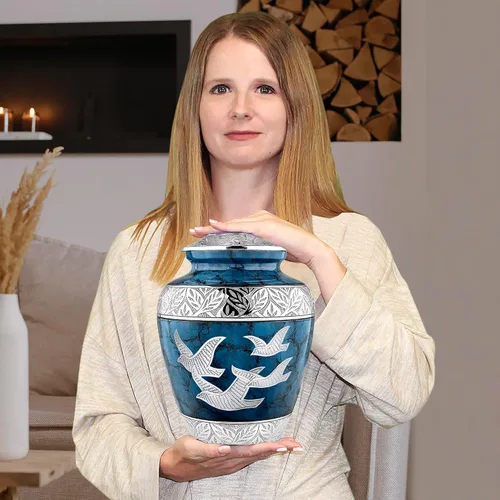 Miniatura 4 de Trupoint Memorials Urnas de Cremación para Cenizas Humanas, Urna de Entierro Decorativa para Adultos Hombres y Mujeres – Grande, Aves Azules