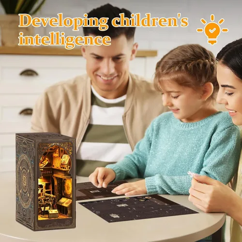 Miniatura 5 de Kit de rincón de libro para adultos, kit de construcción de casa de muñecas en miniatura, rompecabezas de madera 3D con sensor de luz LED