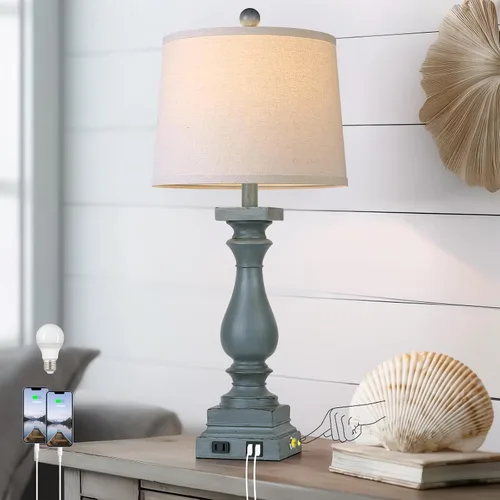 Miniatura 13 de Lámpara de Mesa de Granja de 28 Pulgadas de Alto con Puertos USB C+A y Salida de CA, Control Táctil de 3 Vías, Lámpara de Noche Rústica