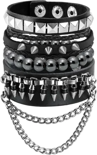 Miniatura 9 de Eigso Pulseras de cuero punk para hombres y mujeres, estilo retro de los años 80, hematita y rock, juego de pulseras de metal ajustables para hombre