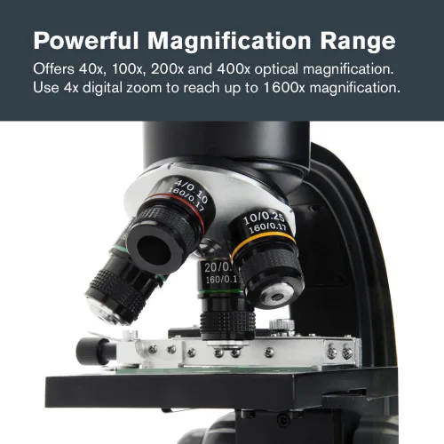 Miniatura 5 de Celestron – Microscopio digital LCD TetraView – Pantalla de 4.3" – Cámara de 5MP – Aumento de 40x–1600x – Cabezal giratorio – Tarjeta SD incluida