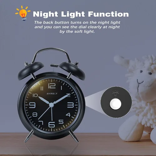 Miniatura 6 de AYRELY® Reloj despertador de campana doble súper fuerte para adultos de sueño pesado, 4 pulgadas, retro, silencioso, sin tictac, con luz nocturna