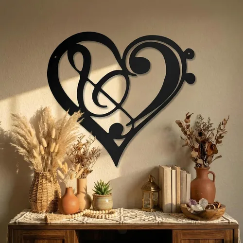 Zhengmy Decoración de pared de metal con forma de corazón, notas musicales, arte de pared de metal, nota temática vintage, letrero colgante para