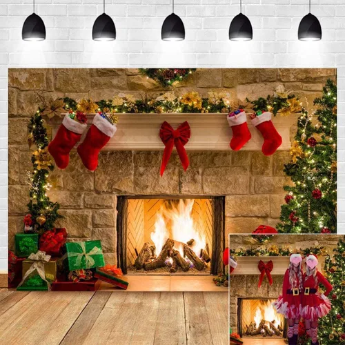 Decoración del hogar con temática navideña, telón de fondo de fotografía, cabina de fotos, árbol de Navidad, chimenea, cumpleaños de niños, recién