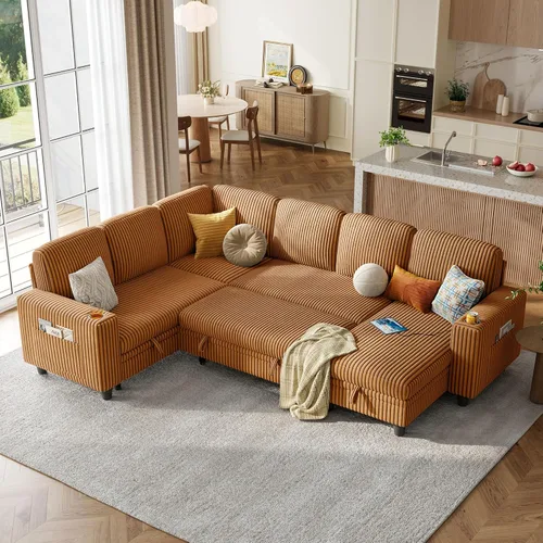 Miniatura 28 de LINSY HOME Sofá cama modular extraíble para sala de estar (beige, sofá cama 1) Sofá cama extraíble, almacenamiento, carga USB, portavasos, pana